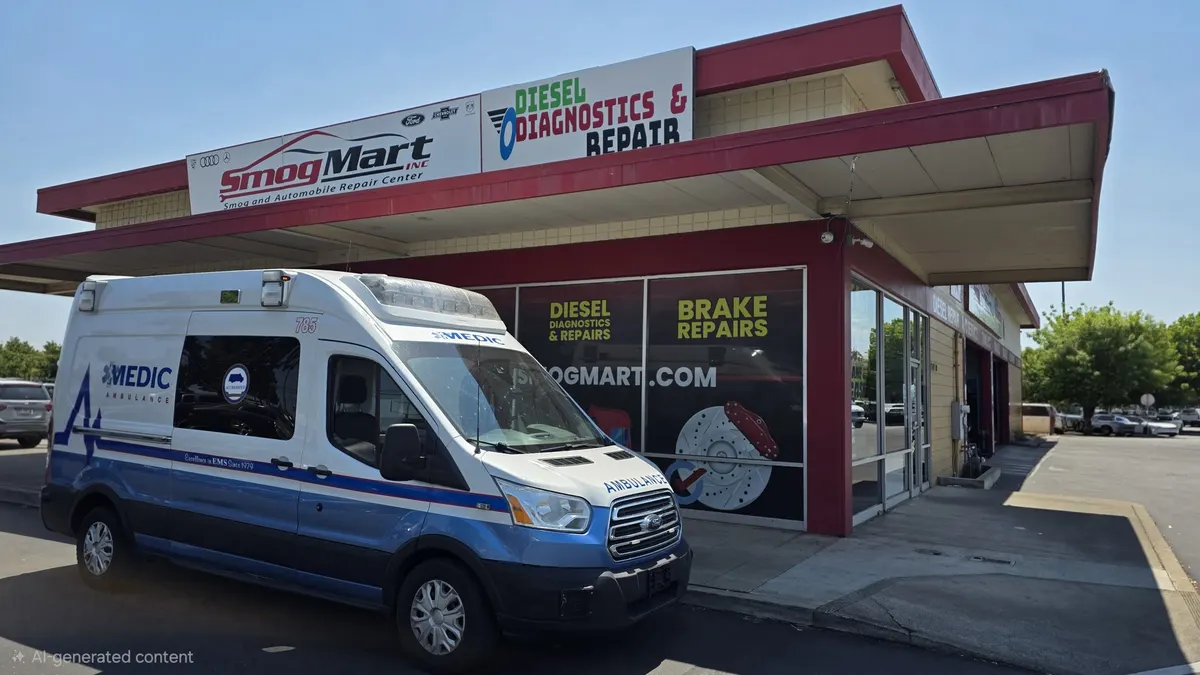Smog Mart service bays and signage on Stockton Blvd, Sacramento