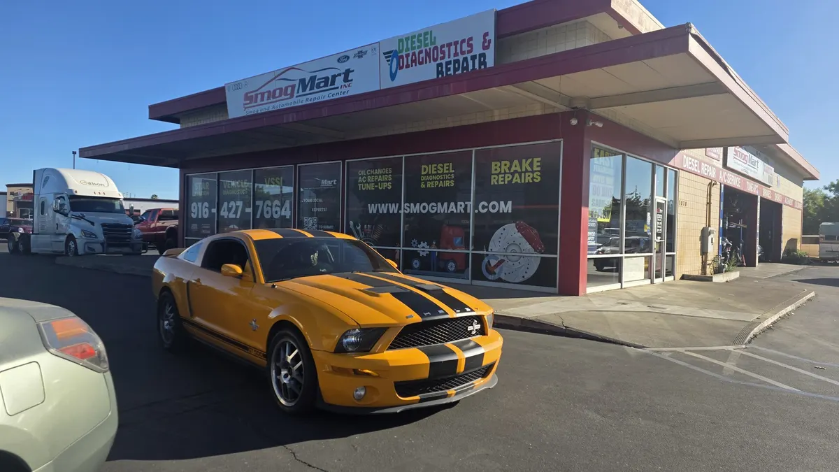 Customer Shelby Mustang parked at Smog Mart in Sacramento